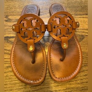 Tory Burch Stylish Cognac Brown Leather Miller Soft Sandals, 8.5 M